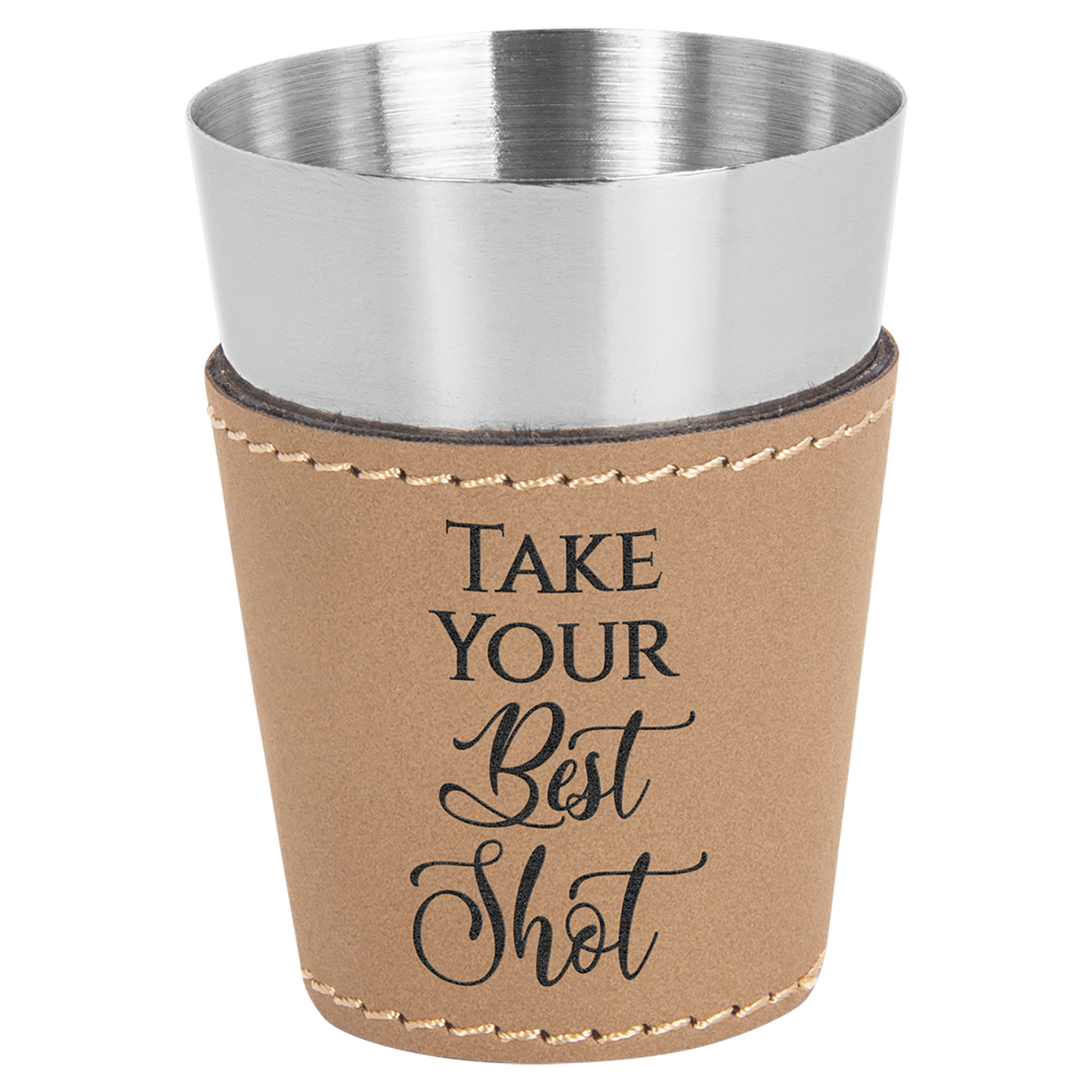 Laser Engraved Leather and Stainless 2oz Shot Glass