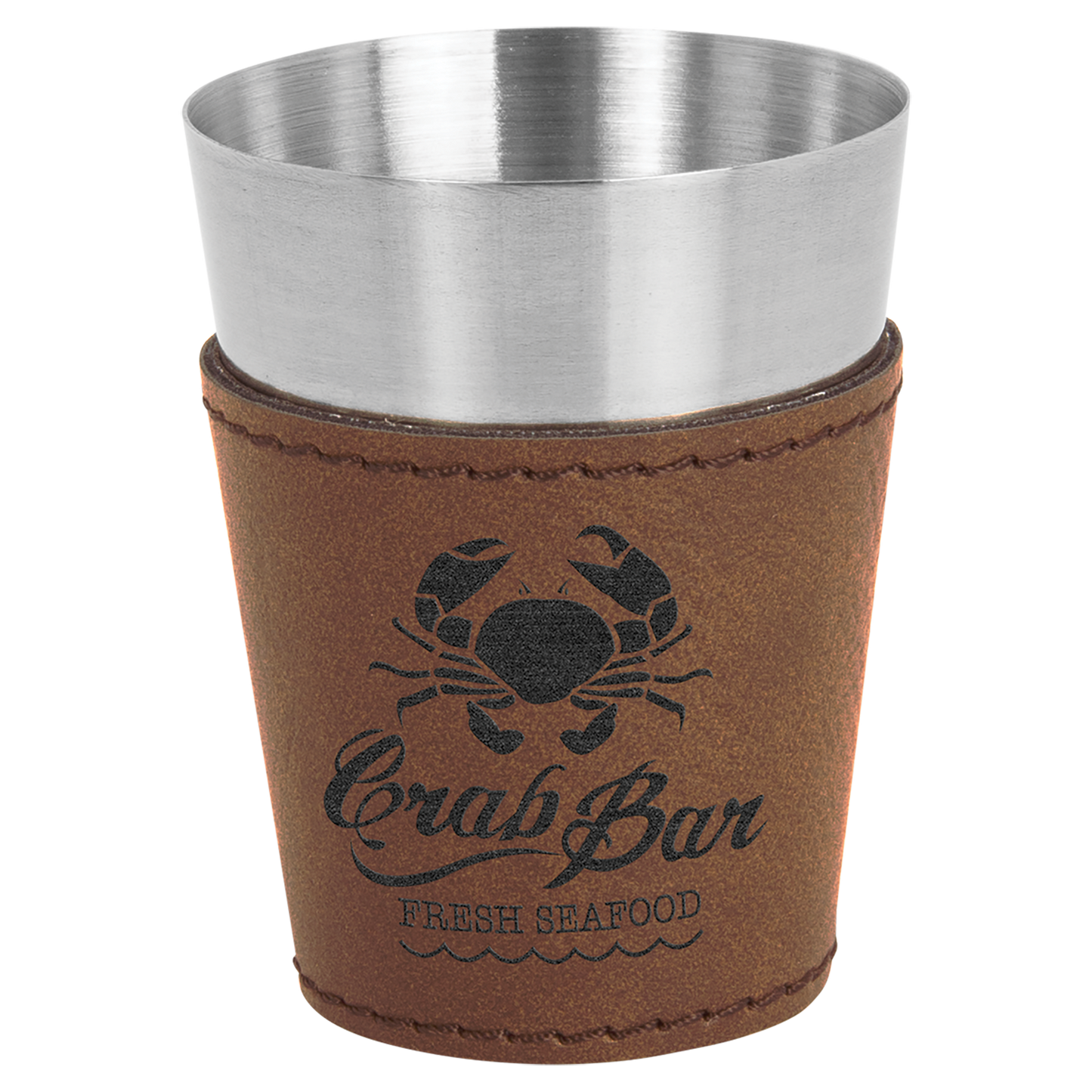 Laser Engraved Leather and Stainless 2oz Shot Glass