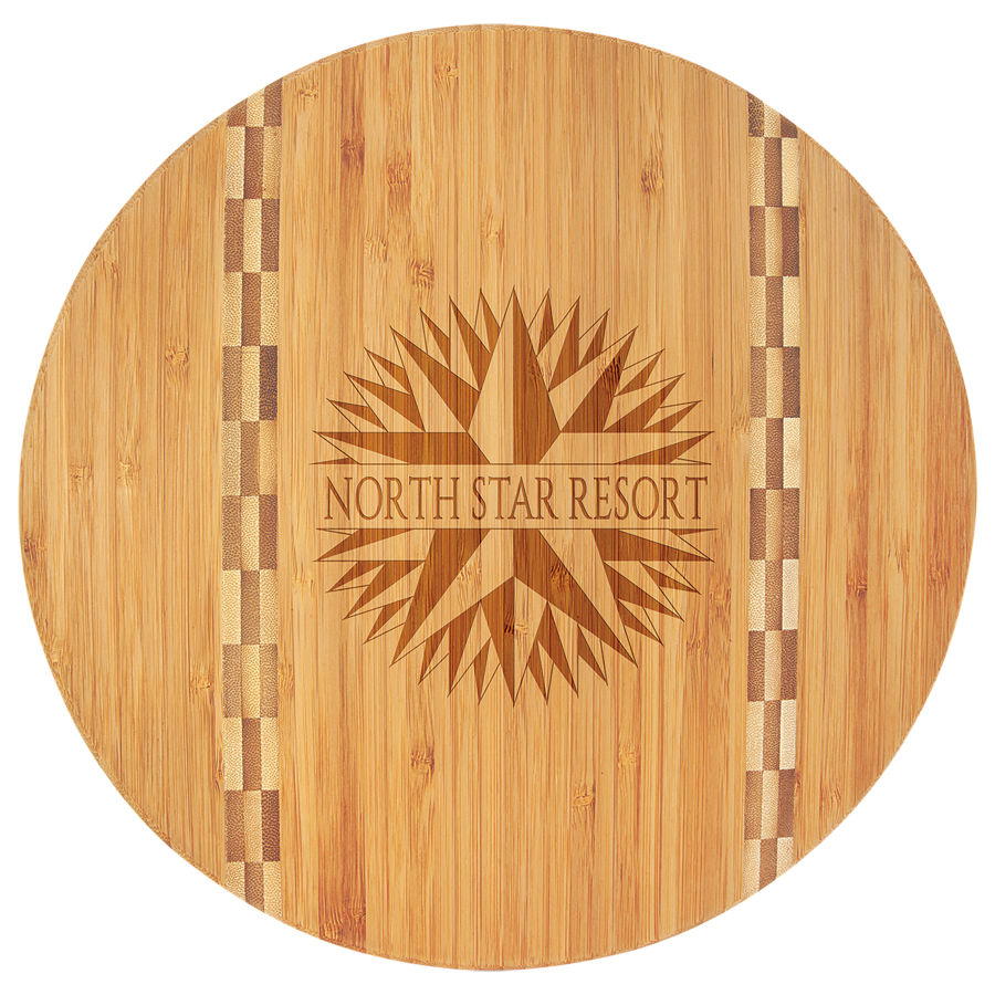 Laser Engraved 11 3/4" Round Bamboo Cutting Board with Butcher Block Inlay