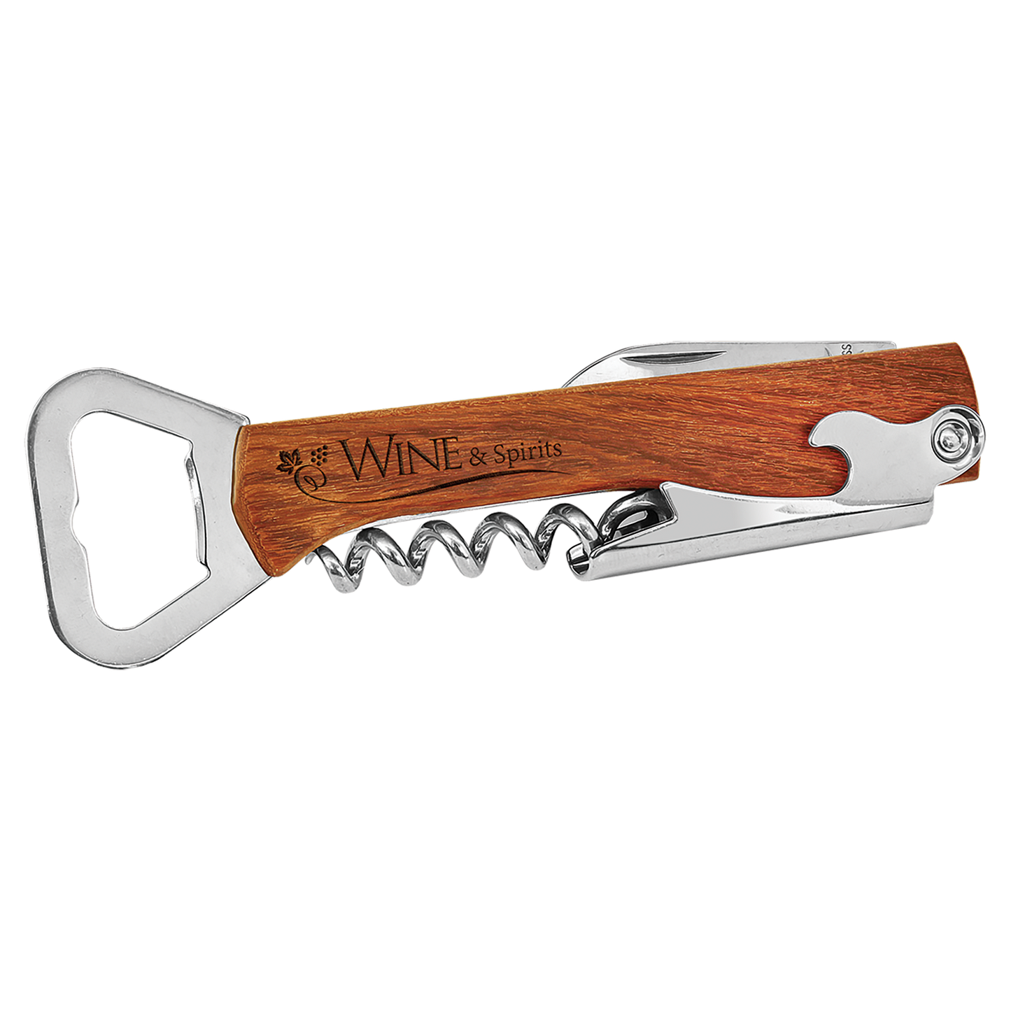 Laser Engraved Wood Handle Bottle Opener With Wine Cork Screw