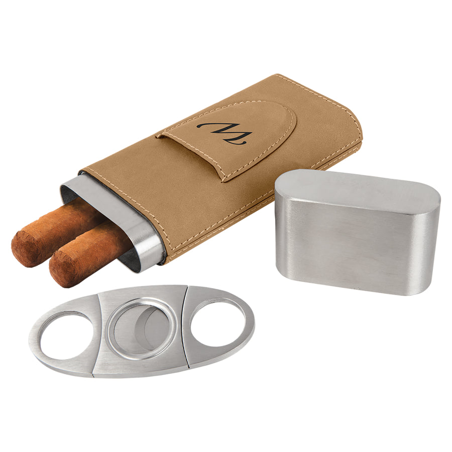 Laser Engraved Leather Cigar Case With Cutter