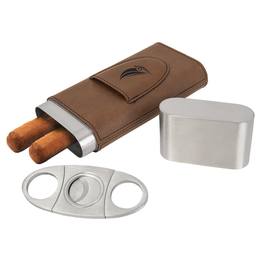 Laser Engraved Leather Cigar Case With Cutter