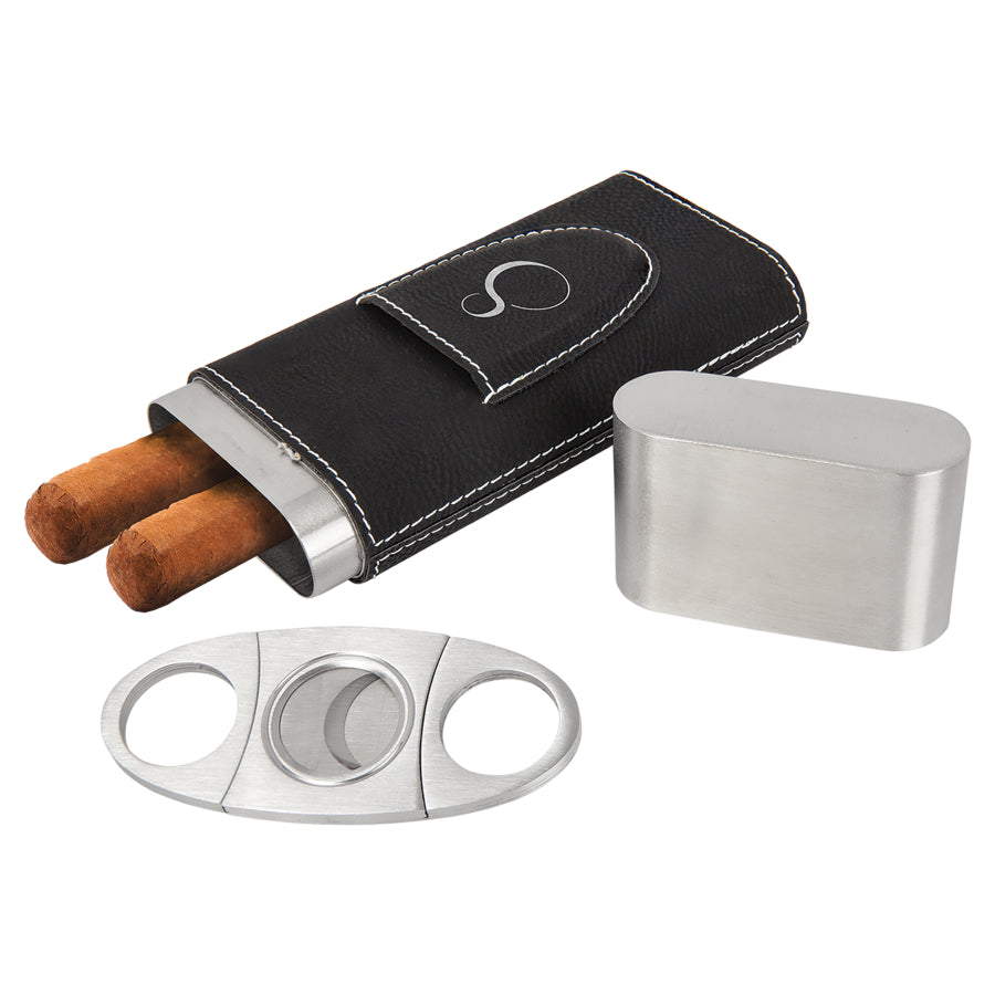 Laser Engraved Leather Cigar Case With Cutter