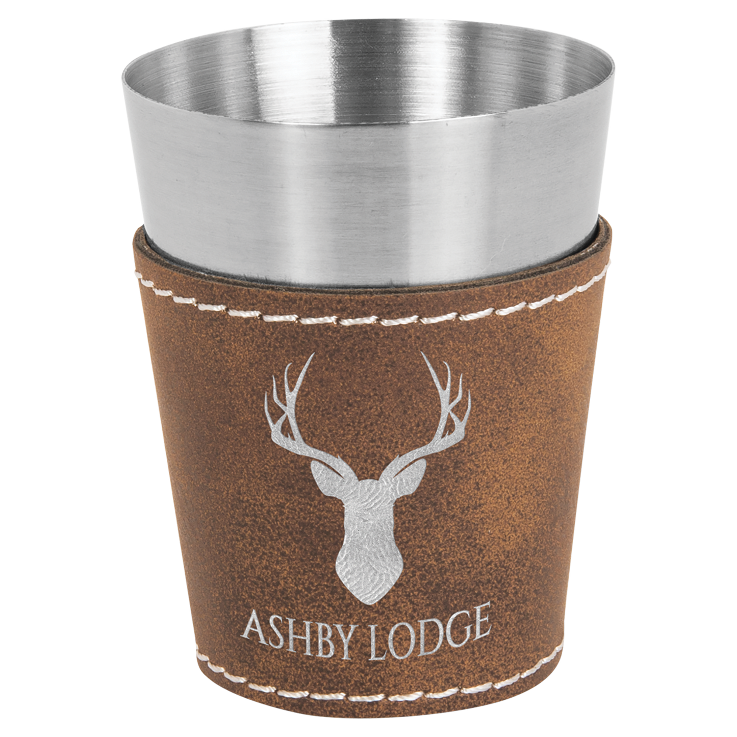 Laser Engraved Leather and Stainless 2oz Shot Glass