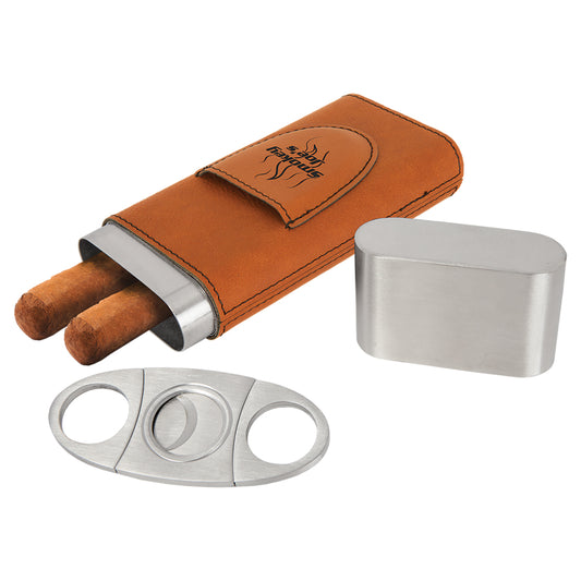 Laser Engraved Leather Cigar Case With Cutter